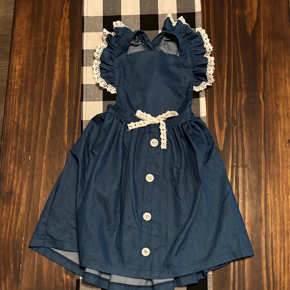 Mia Bella Girls chambray pinafore dress lace trim 6 new with tags